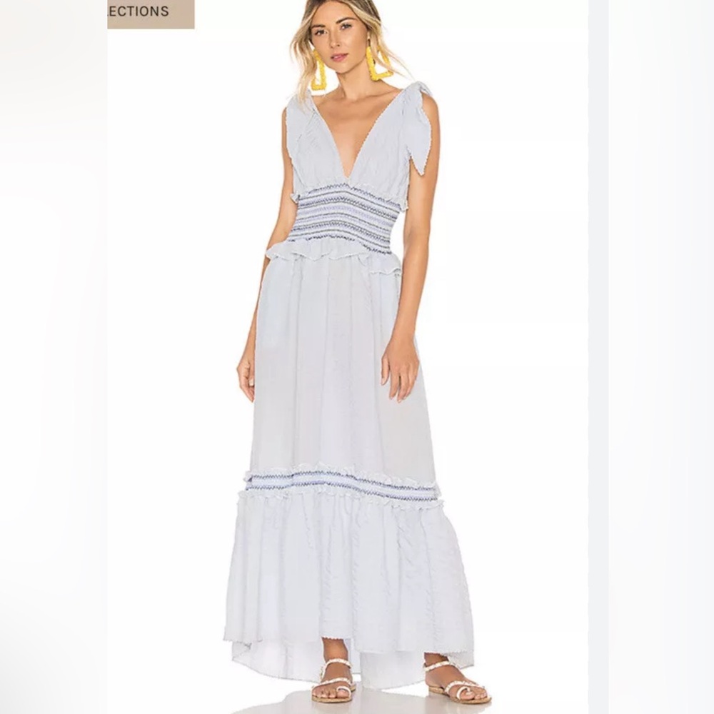 Jonathan Simkhai Light Blue V‑Neck Smocked Waist Maxi Dress